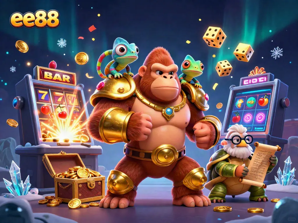 Engage with the exciting world of ee88, featuring a powerful gorilla king and colorful casino elements.