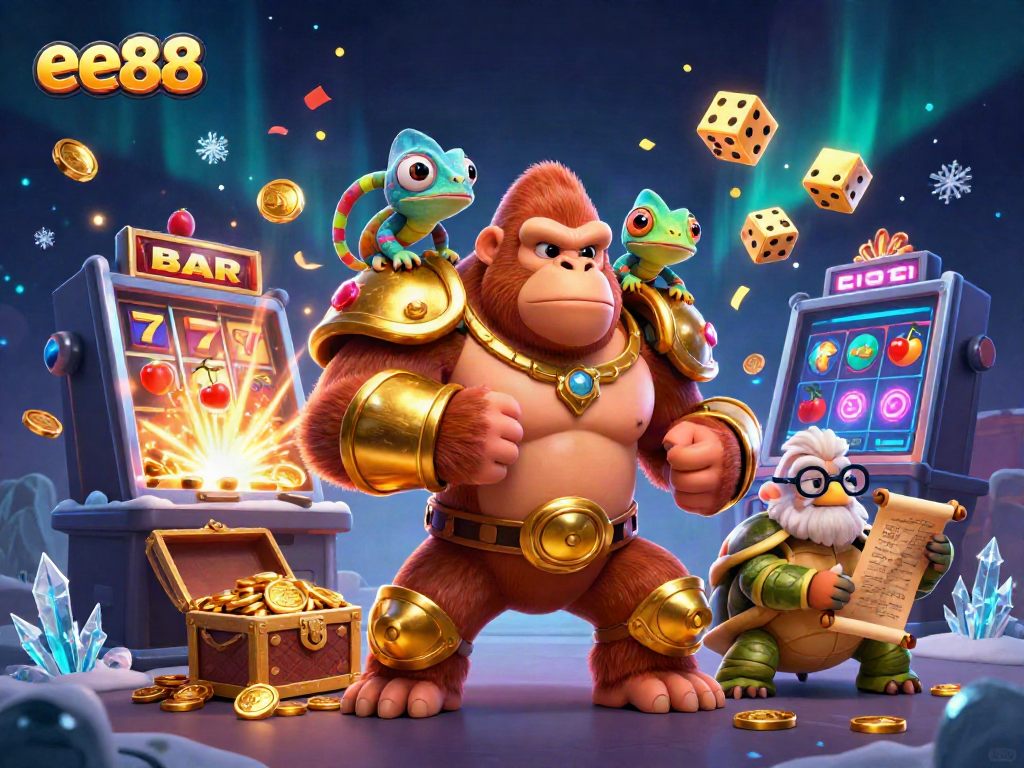 Engage with the exciting world of ee88, featuring a powerful gorilla king and colorful casino elements.