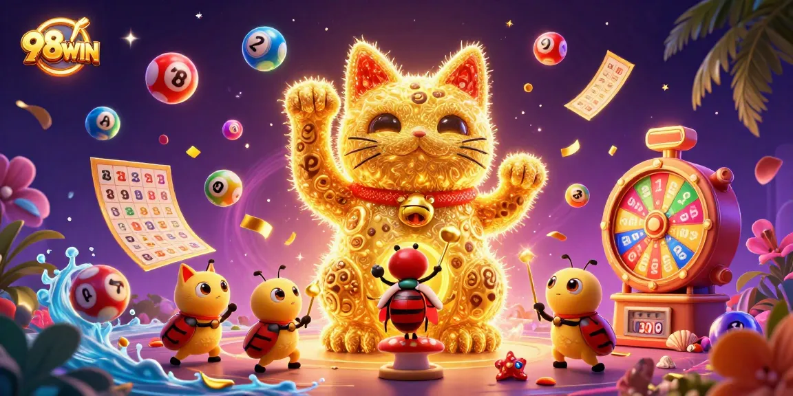 Immerse in the excitement of 98WIN as golden fireflies represent luck amidst vibrant casino elements.