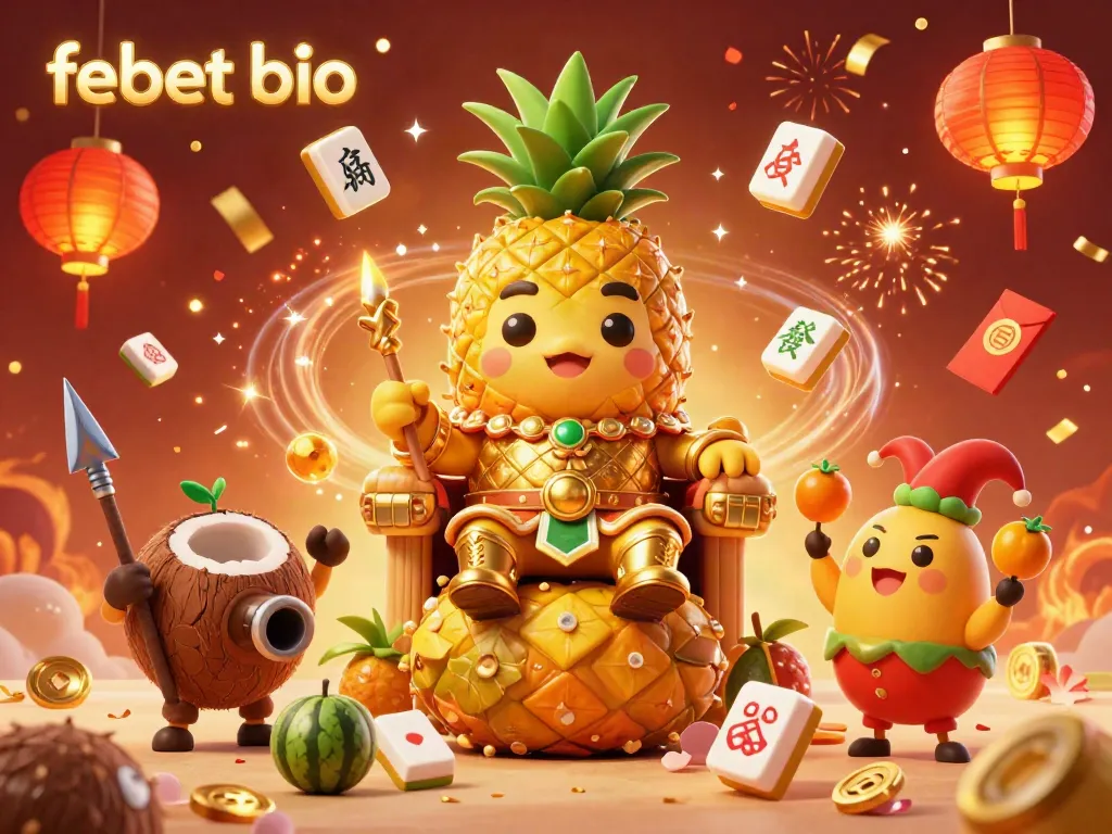 Engage in the vibrant casino world of febet bio, featuring a golden pineapple king on a throne amidst playful casino elements.