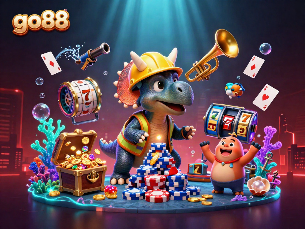 Experience exciting gaming adventures with go88 featuring a lively triceratops and vibrant casino elements.