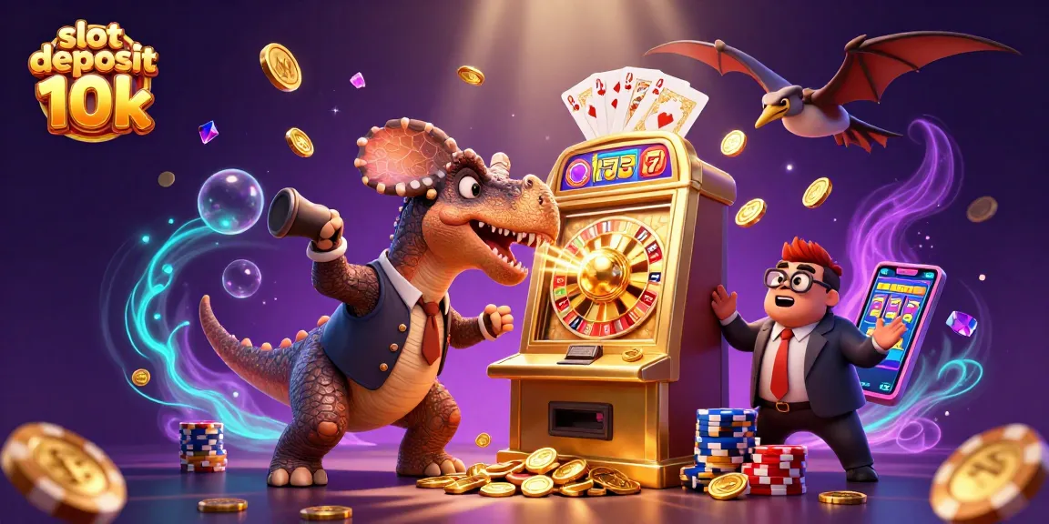 Experience the excitement of slot deposit 10k with a dynamic 3D scene of dinosaurs and golden coins.