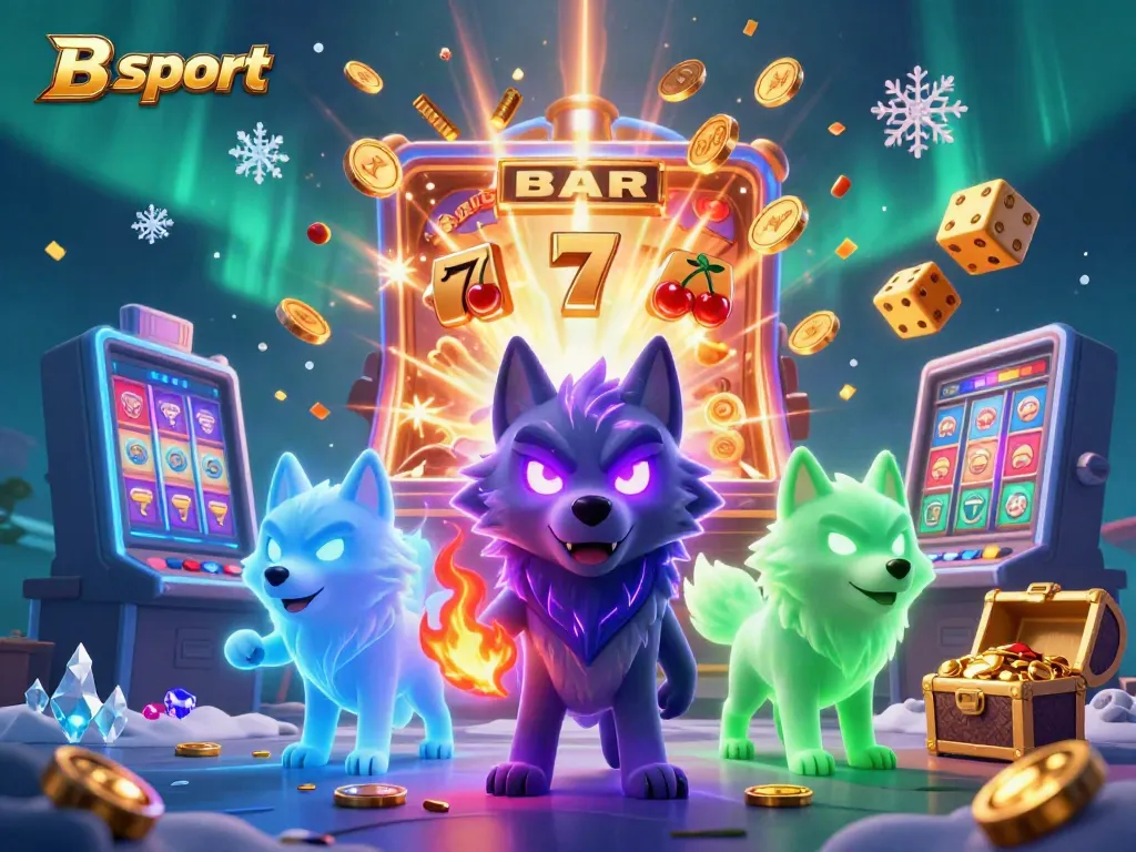 B sport displays thrilling gaming action with vibrant slot machine, lucky symbols, and enchanting wolf characters.