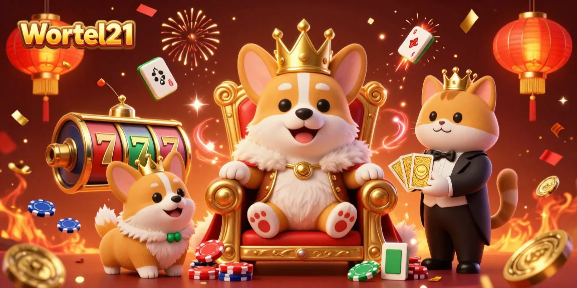 Engage with Wortel21 in an exciting casino scene featuring a royal corgi and slot game elements.