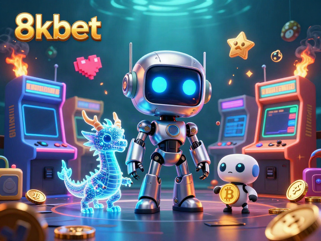 Experience thrilling gaming with 8xbet's vibrant visual featuring unique characters and casino games.