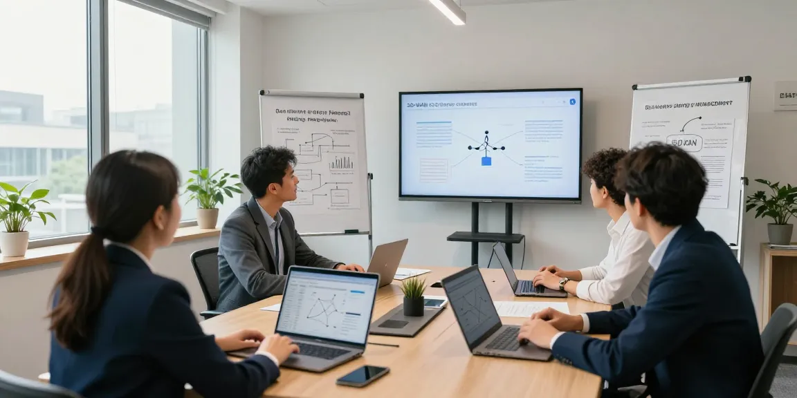 Business professionals collaborating on multi site business energy management strategies in a modern office setting.