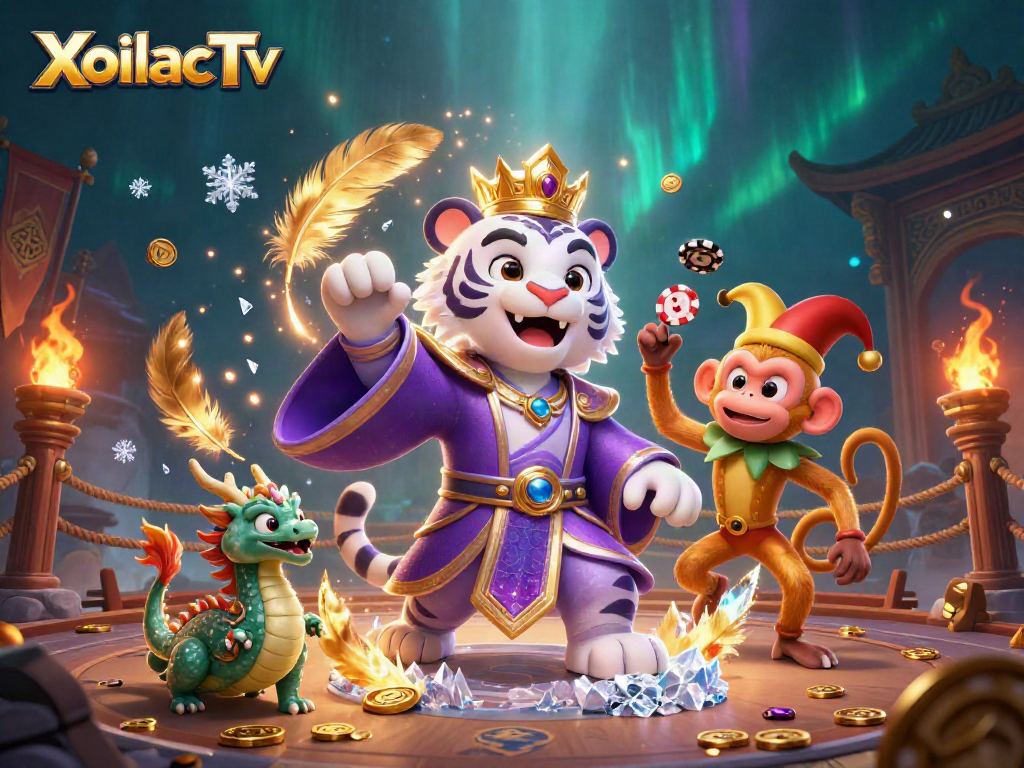 Experience exhilarating bets on XoilacTv with a vibrant casino-themed scene featuring lively characters and dynamic gaming elements.