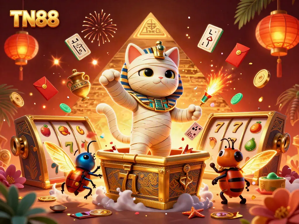 Experience TN88's thrilling casino adventure with a mummy cat and vibrant game elements.