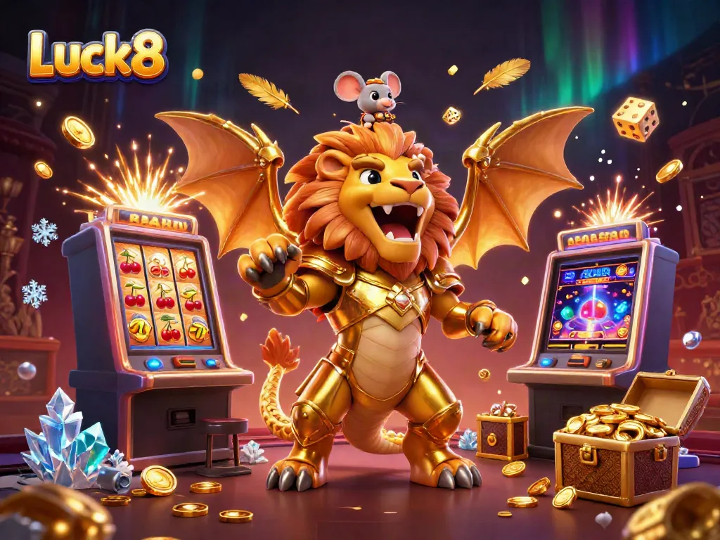 Experience the thrill of Luck8 with a vibrant casino scene featuring a roaring chimera and dynamic slots.