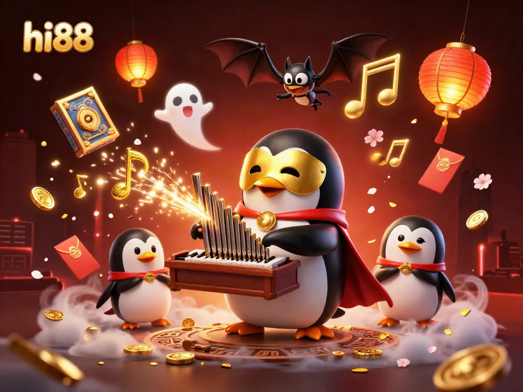 Engage with hi88's lively gaming scene featuring a penguin playing a golden pipe organ amidst festive decorations.
