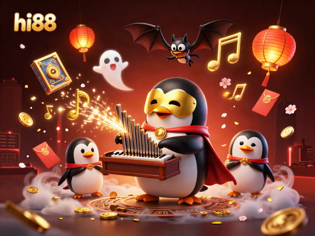 Engage with hi88's lively gaming scene featuring a penguin playing a golden pipe organ amidst festive decorations.