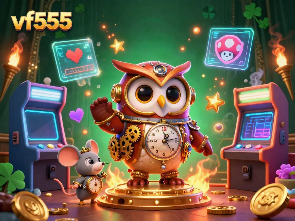 Experience thrilling games with the vf555 time-traveler owl amidst vibrant steampunk casino elements.