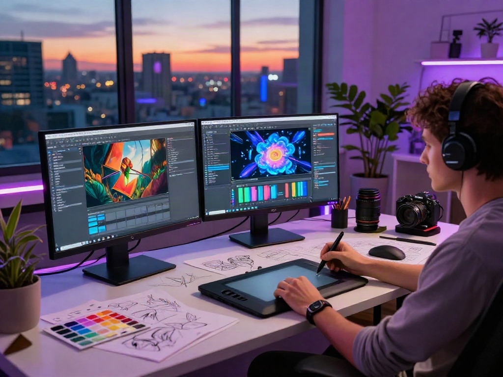 Creative digital artist working on nsfw ai projects in a vibrant studio.
