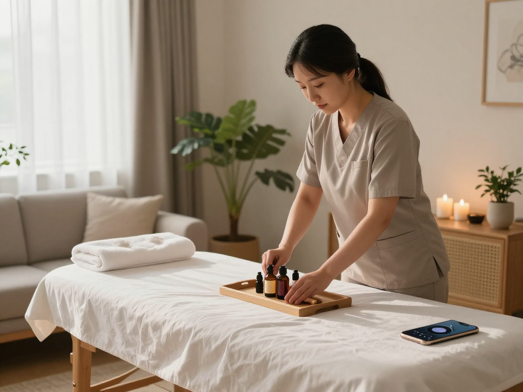 인계동출장마사지 professional therapist preparing for a soothing home massage session in a relaxing environment.
