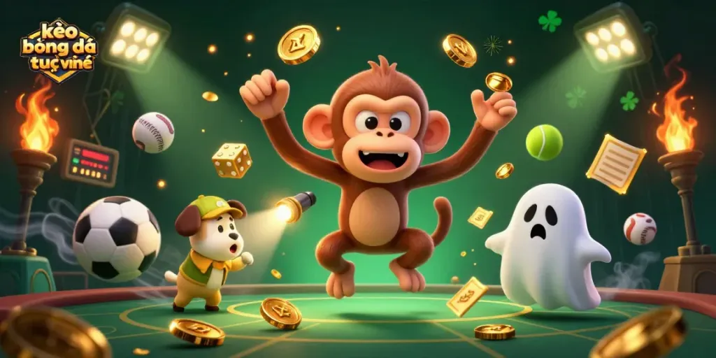Engage in kèo bóng đá trực tuyến with this dynamic scene featuring a mischievous poltergeist monkey and a curious ghost-hunter puppy.