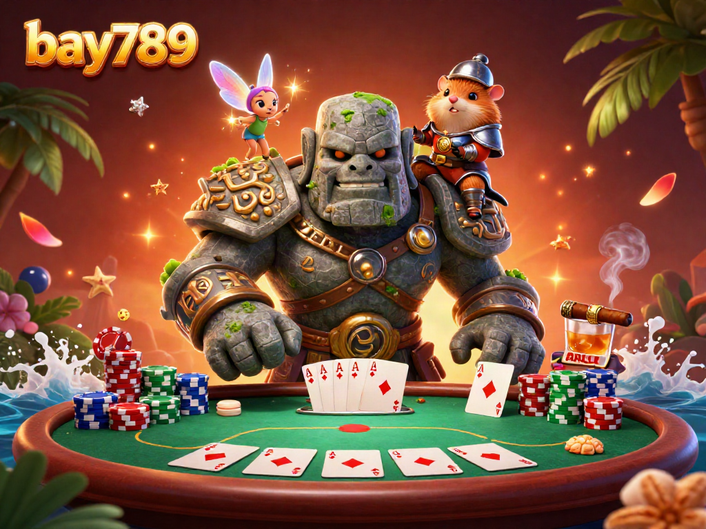 A dynamic scene of bay789 with a golem guardian, fairy, and hamster knight playing poker surrounded by vibrant casino elements.