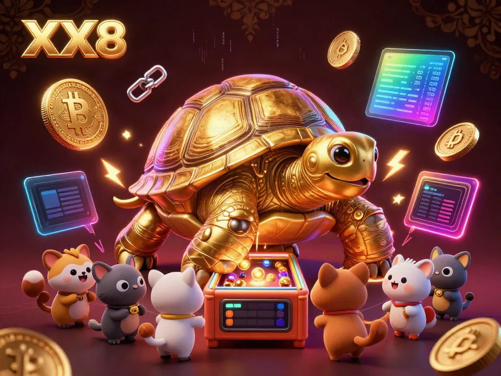 Experience a thrilling XX8 arcade with a golden tortoise and glowing crypto elements.