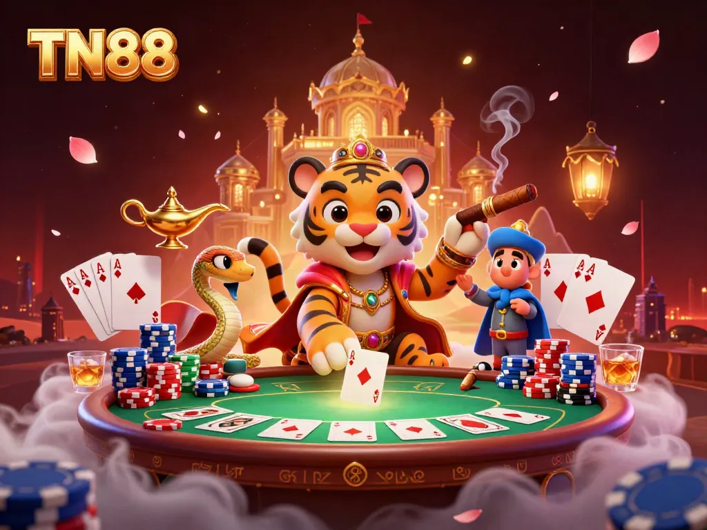 Experience the magic of TN88 with a dynamic Arabian-themed casino adventure illustration filled with excitement.
