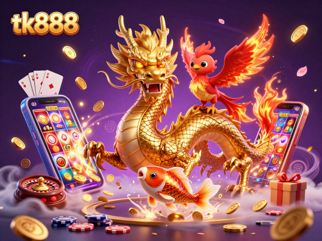 Engage in the thrills of tk888 with vibrant casino action featuring a dragon and phoenix.