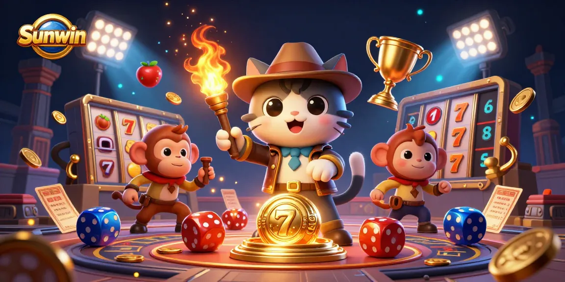 Spin to win at Sunwin with an explorer cat discovering treasure amidst dynamic casino elements.