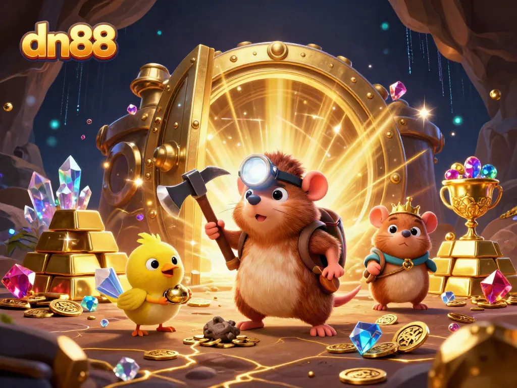 Engage with dn88's exciting treasure hunt, filled with gold and gems, in this animated casino scene.