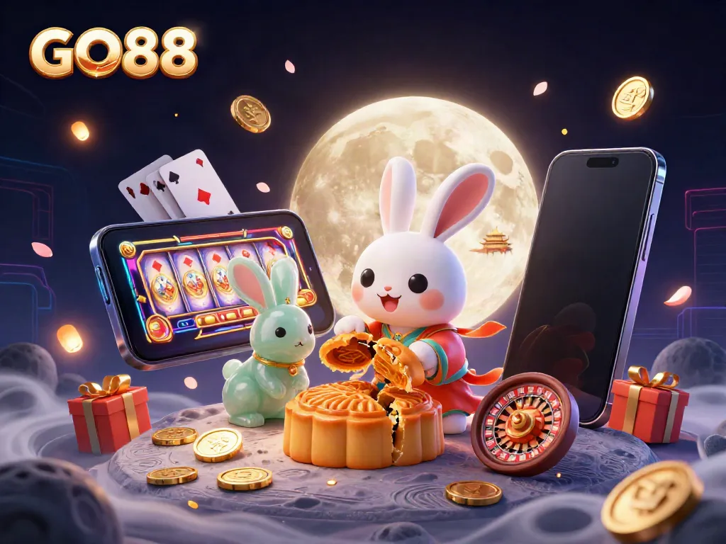 GO88's moon rabbit revealing poker chips and slot games in a vibrant casino scene.