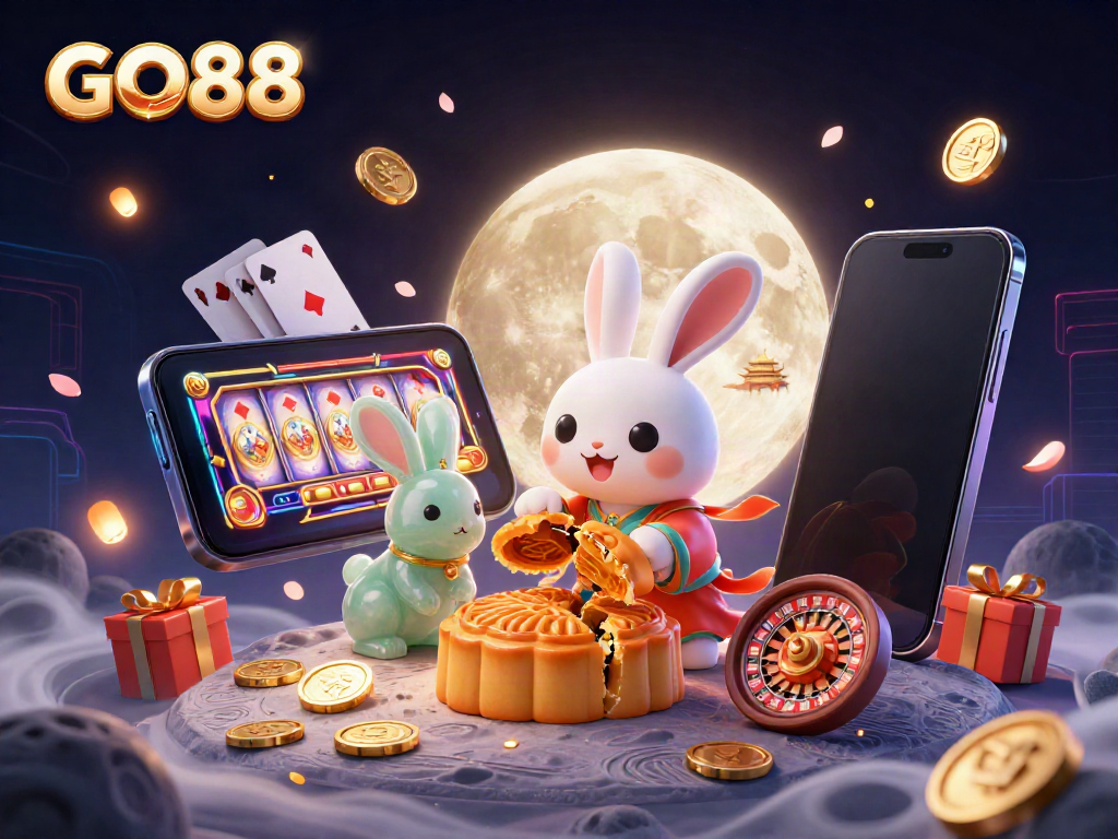 GO88's moon rabbit revealing poker chips and slot games in a vibrant casino scene.
