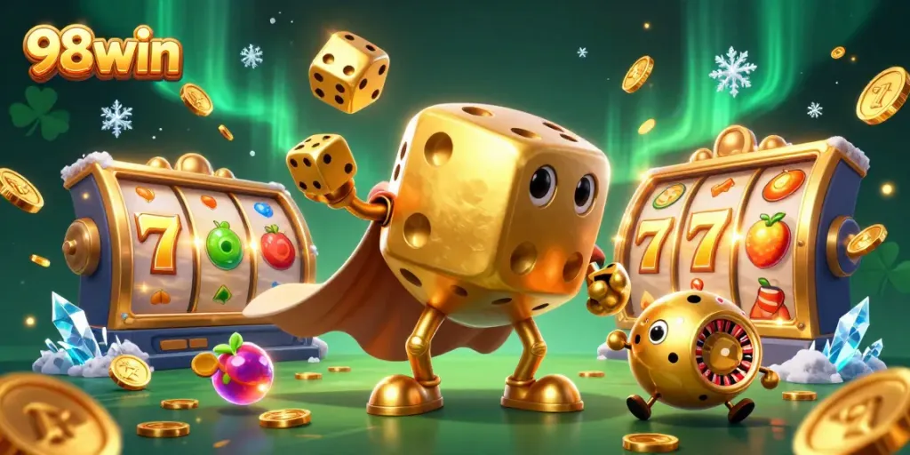 Experience thrilling gameplay at 98win with golden dice, vibrant slots, and golden coins cascading in a lively casino atmosphere.
