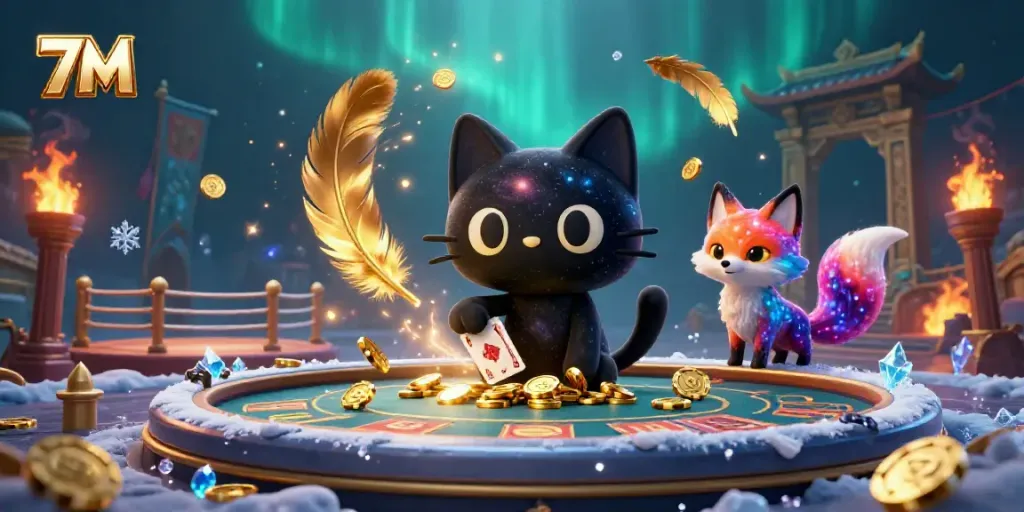 Experience the thrill of 7M with vibrant cosmic casino action featuring a black hole cat and nebula fox.