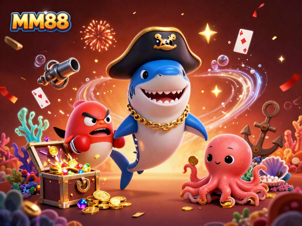 Engage in thrilling wins with MM88 as colorful casino-themed characters celebrate around gold coins.