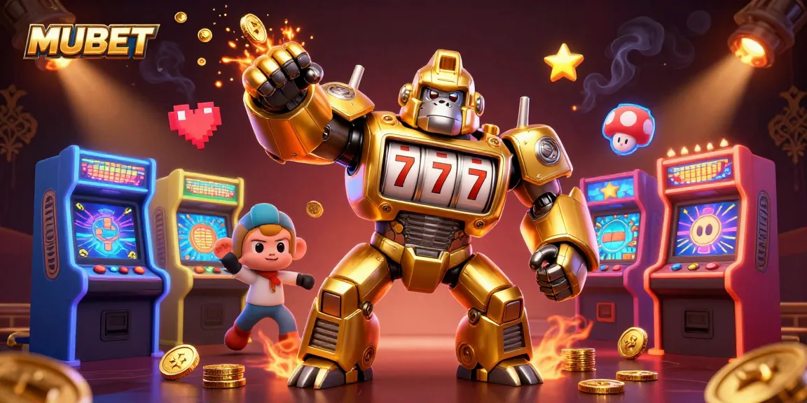 MUBET showcases an exciting 3D illustration of a golden gorilla mech celebrating casino wins with vibrant game themes.