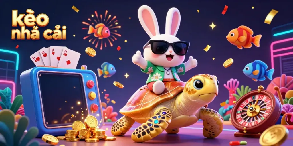Spin and win with kèo nhà cái; an adorable lucky rabbit gives a thumbs up while enjoying the fun of gambling.