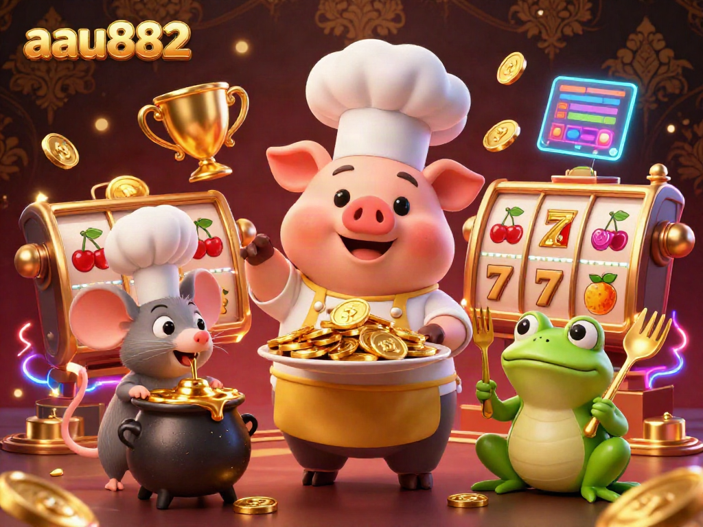 Engage in thrilling gameplay with the aau882 slots and gold-themed casino characters in a vibrant illustration.