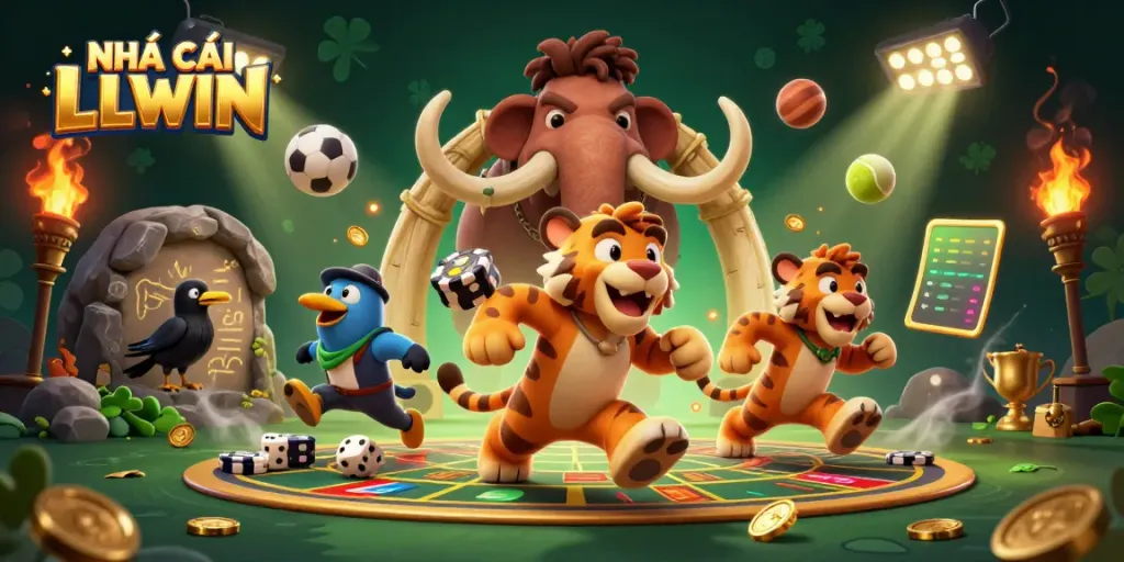 Engage with NHÀ CÁI LLWIN in a vibrant prehistoric casino scene with dynamic gaming action.