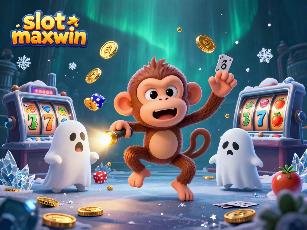 Experience thrilling slot maxwin action with a poltergeist monkey juggling coins in a haunted casino scene.