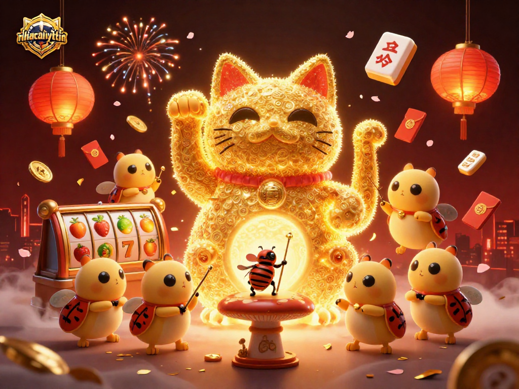 nhacaiuytin enchanting casino scene with a lucky cat and vibrant slot symbols
