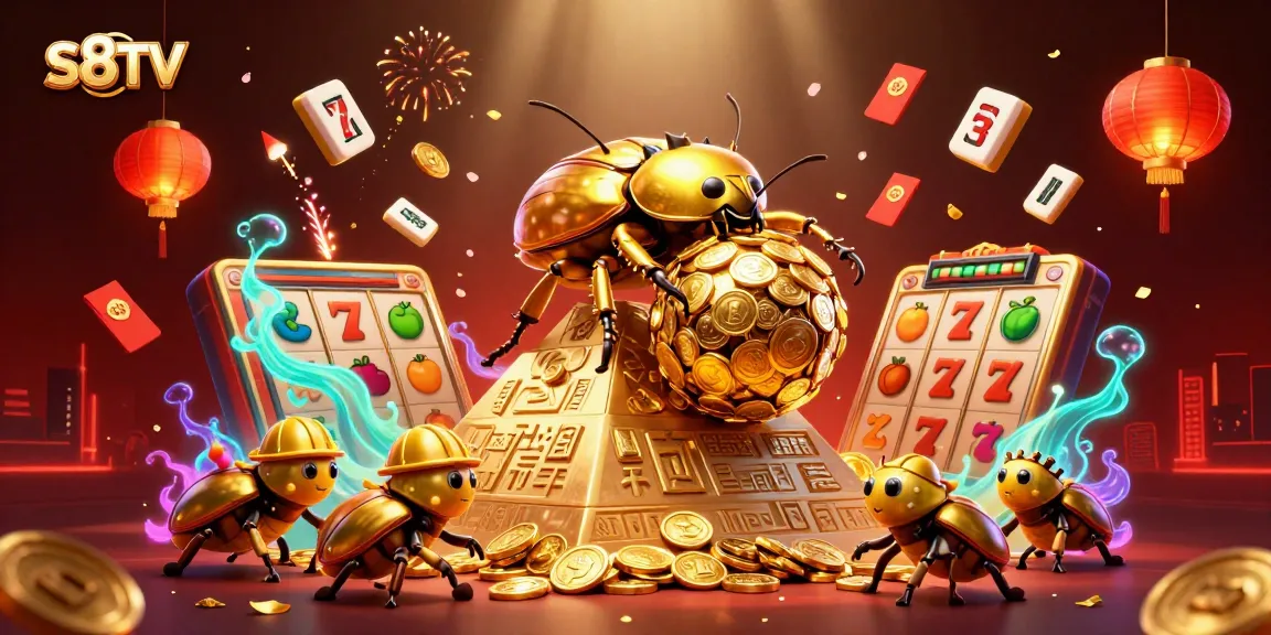 S8TV showcases a detailed illustration of a golden beetle rolling coins in a vibrant casino-themed scene.