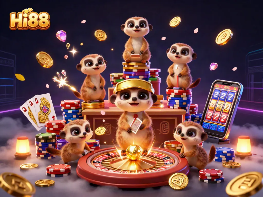 Win big at Hi88 with animated meerkats running a vibrant casino scene.