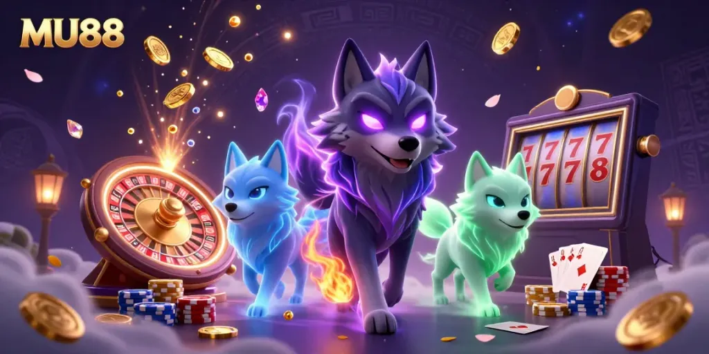 Experience thrilling gameplay with MU88's vibrant gaming scene filled with ghostly wolves and riches.
