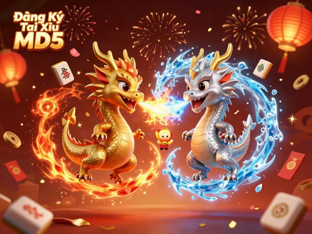 Experience thrilling gameplay with Đăng Ký Tài Xỉu MD5 as golden and silver dragons battle among festive symbols.