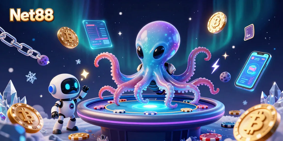 Experience thrilling gaming action with Net88 as an alien octopus runs a holographic poker table.