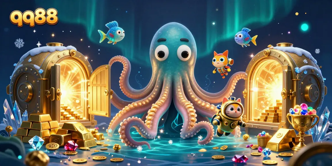 Engage with thrilling treasure hunts in a vibrant qq88 online casino adventure featuring a kraken and diving cat.