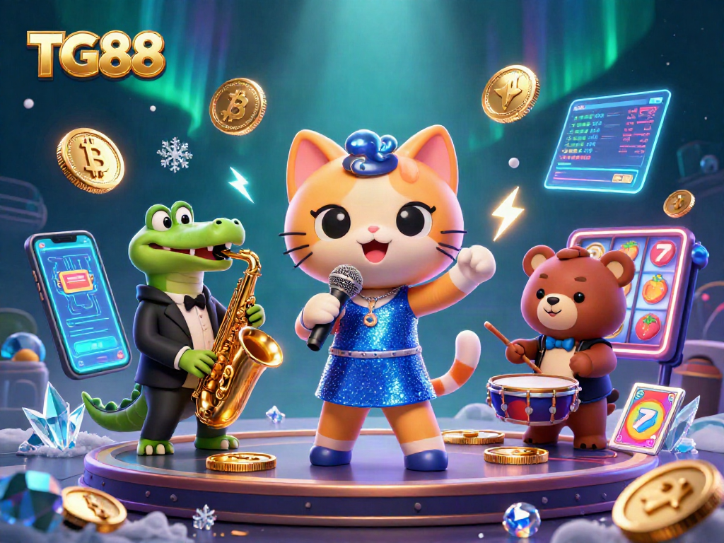 TG88 casino scene with a singing cat, saxophone crocodile, and drum bear embodying a vibrant gambling night