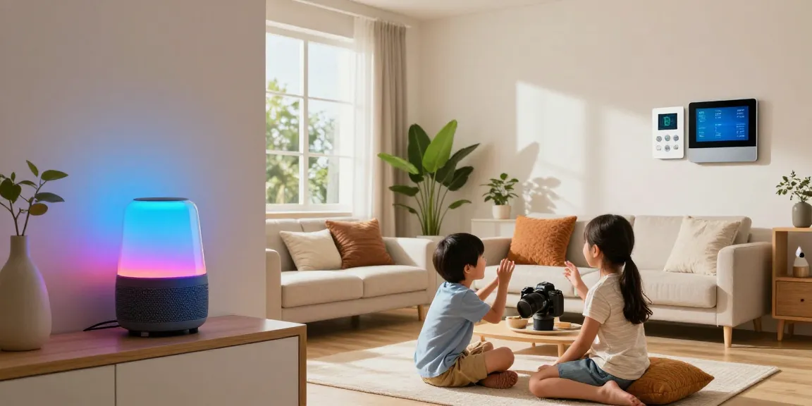 Family enjoying smart home gadgets in a modern living room with smart lighting and speakers.