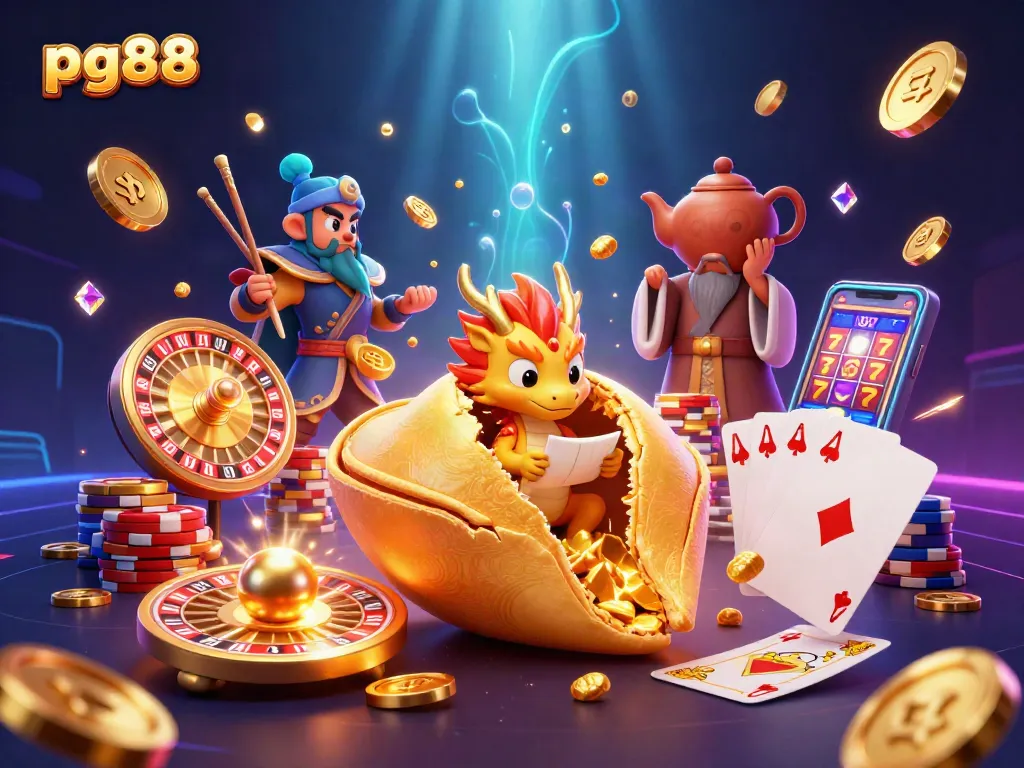 Experience winning at pg88 with a rich 3D scene of fortune cookies and casino treasures.