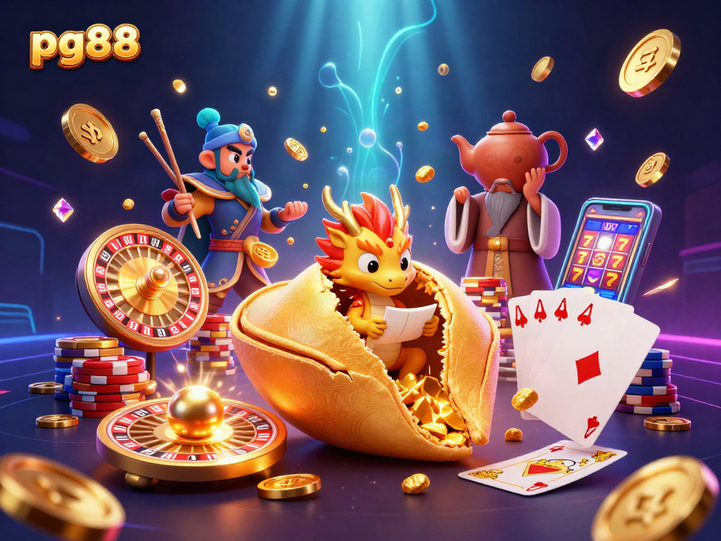 Experience winning at pg88 with a rich 3D scene of fortune cookies and casino treasures.