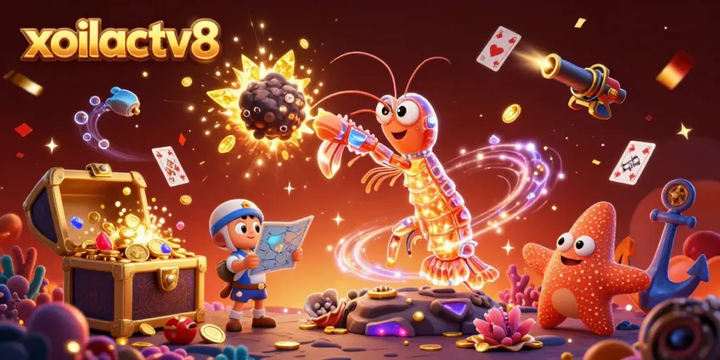 Experience thrilling gameplay with xoilactv8 as a galactic samurai mantis shrimp conquers an asteroid in a vivid illustration.