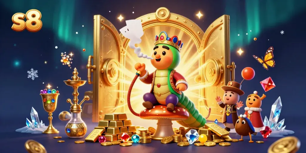 S8 casino illustration featuring a caterpillar hookah-master with poker-themed smoke and golden coins.
