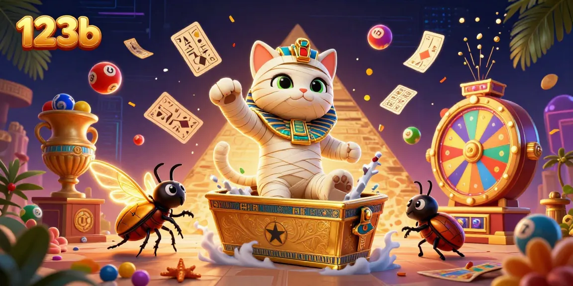 Experience thrilling fun at 123b with an energetic illustration of a mummy cat, golden sarcophagus, and vibrant games.