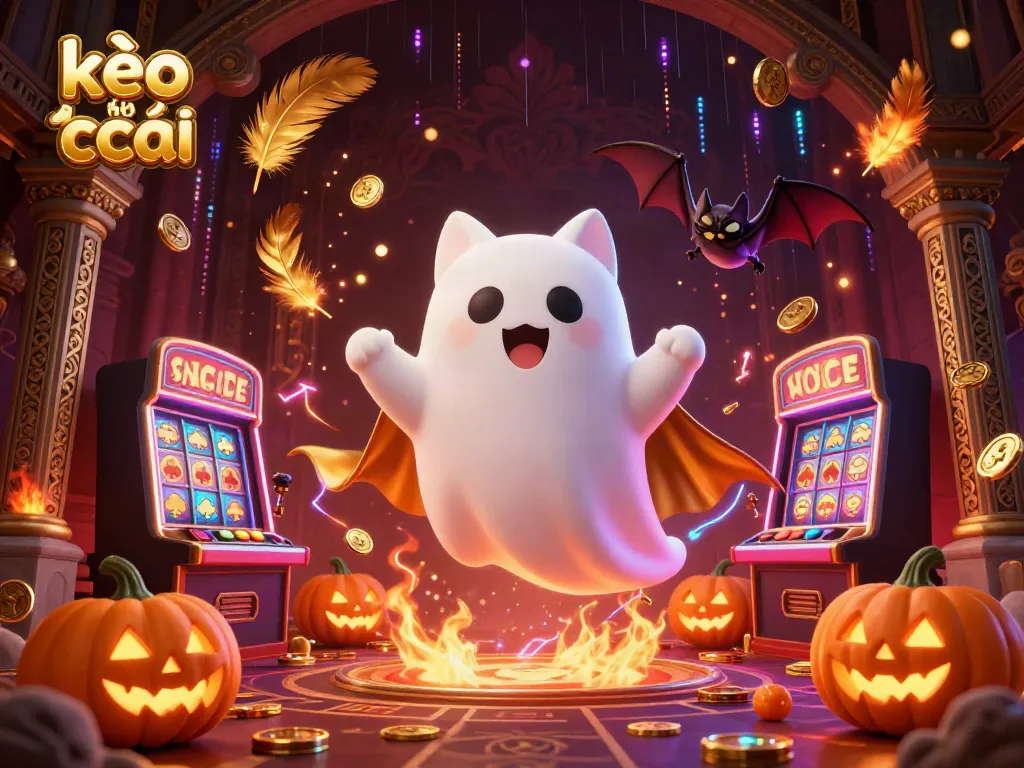 Engage with kèo nhà cái in a vibrant haunted casino scene featuring a ghost cat and glowing jack-o-lanterns.